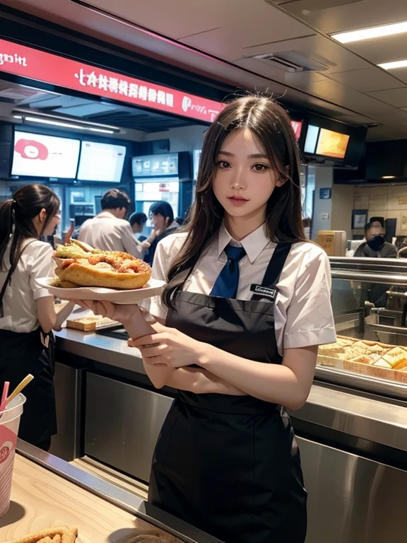 Masterpiece, Best quality, Photorealistic, Ultra-detailed, fine detail, high resolution, 8K wallpaper, score_9, score_8_up, score_8, score_7_up, score_7, score_6_up, score_6, score_5_up, Score_5, rating_questionable, picture of two beautiful girls, medium breasts, slender, fast food workers, behind counter, serving customers, in fast food restaurant, pink and blue fast food uniform, Chinese ink artwork
