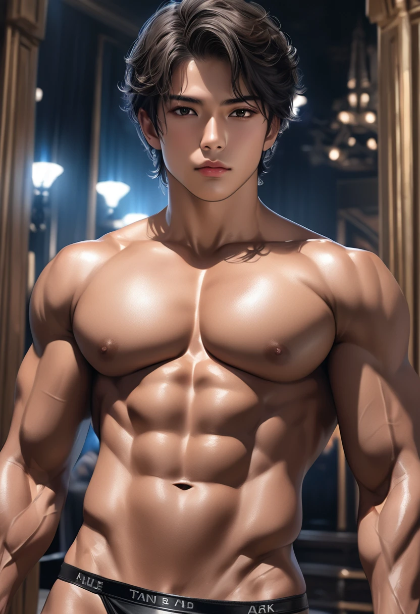 high quality, detailed, Realistic, ( tanned japanese idol body builder boy), (detailed black eyes), (black short hair), (muscle:1.5), (tanned dark brown skin), night palace bedroom, (black tiny thong), (bulge), (detailed nipples), detailed areola,best quality,4k,8k,highres,masterpiece:1.2),ultra-detailed,(realistic,photorealistic,photo-realistic:1.37), face close up, --no watch,looking at viewer,