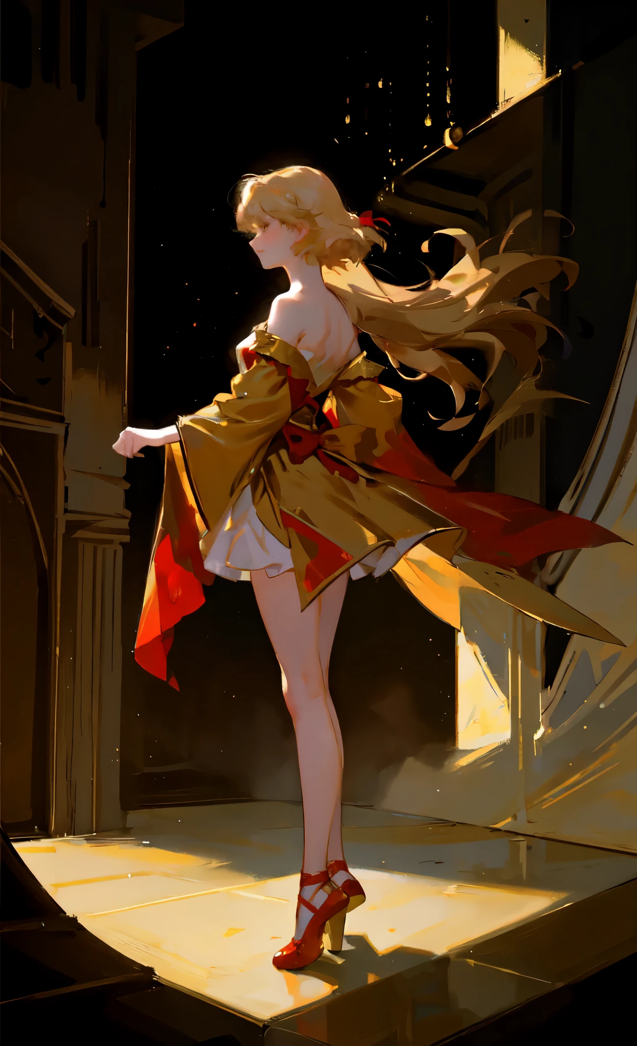 1. Little Girl，Bright red ribbon dance shoes，ballet，Blonde short hair，Bangs，whole body，（dynamic），Dance，Standing on a giant music box，Gold Theme，Light，dust，（（No facial depiction）），（Empty face），Simple dark background，（Vision），（Red dancing shoes），Tutu