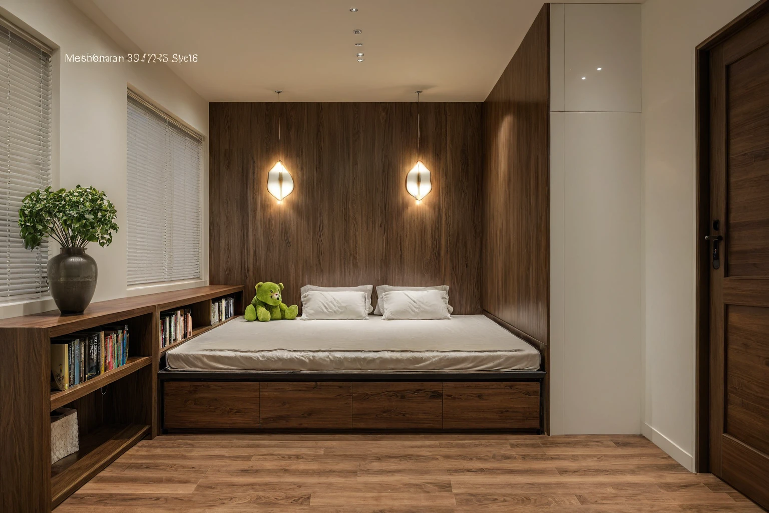 Raw photo, Masterpiece, high quality, best quality, authentic, super detail, interior, indoors,  style modern, minimalist line, wooden, dark walnut wood, LED light, white paint wall, LIVING ROOM, PEN HOUSE, wooden window, japan style, wasabi style, Jen style, paint wall, Indochine style, bedroom, melamine wood,  room