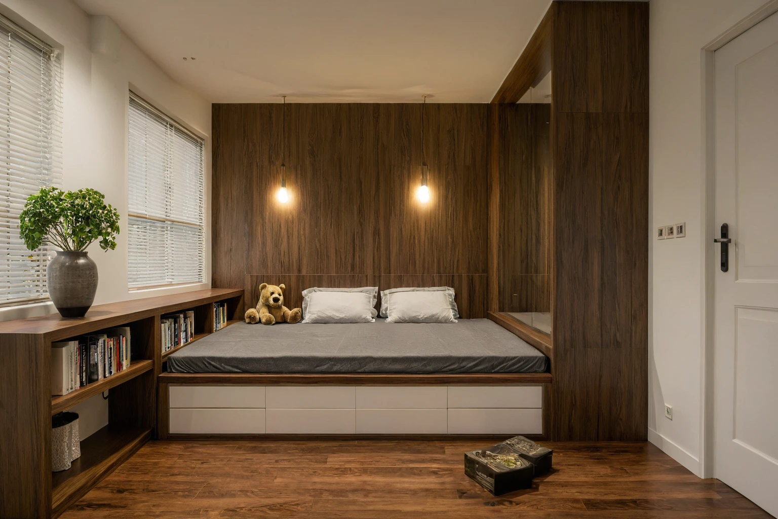 Raw photo, Masterpiece, high quality, best quality, authentic, super detail, interior, indoors, style modern, minimalist line, wooden, dark walnut wood, LED light, white paint wall, LIVING ROOM, PEN HOUSE, wooden window, japan style, wasabi style, Jen style, paint wall, Indochine style, bedroom, melamine wood, child room