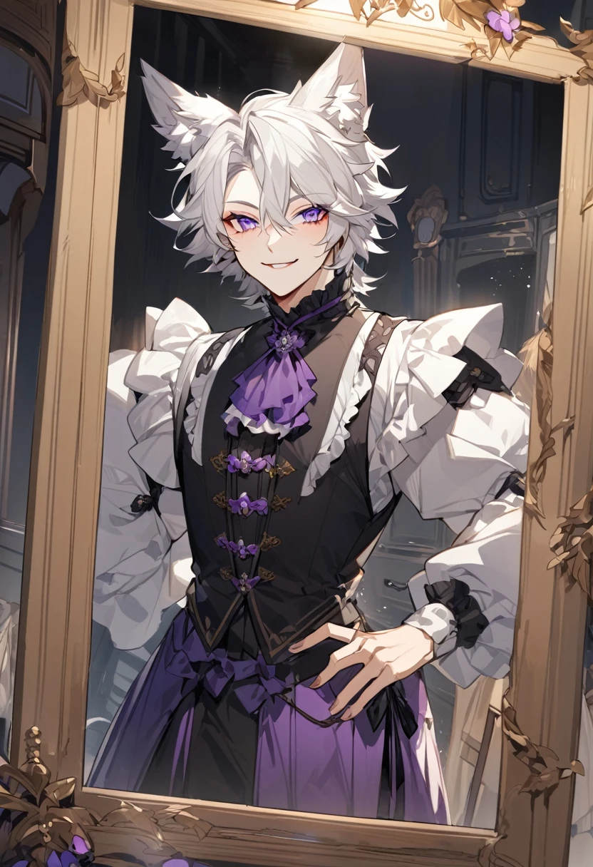 create panel in the art style of mo dao zu shi hybrid character with wolf ears,masculine and dominant gender, short wolfcut white hair , purple raven iris eyes,pale skin, wearing a Victorian era dress looking in a dressing room mirror alone with a cheerful smile