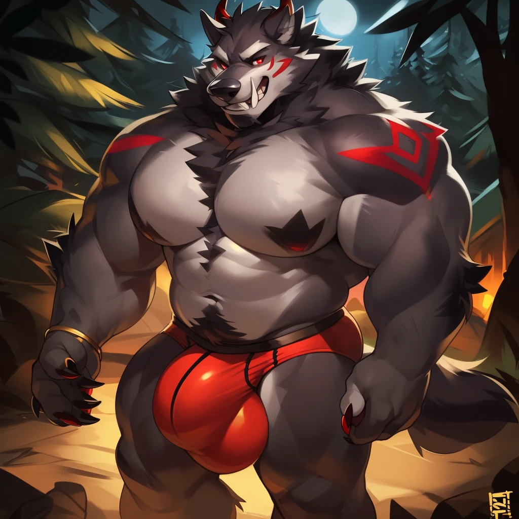 Solo, male (((giant, tall, wolf, werewolf, red eyes, grey body, Muscular, broad shoulders, hyper pecs, huge pecs, huge muscles, abs, muscular arms, muscular thighs, sharp teeth, black chest hair, black nose, tail, fangs, exposed teeth, clawed hands, clawed feet, big tusks, horns, big horns, body marking, red markings, black claws, scruffy cheeks, huge bulge))) forest, night, standing ((male focus, focus wolf, focus teeth)) rubbing stomach, detailed hands, detailed eyes, detailed face, detailed teeth, detailed tusks, detailed arms, detailed abs, detailed bulge, detailed snout, briefs, black briefs, big briefs, accurate tusk placement, perfect anatomy, by darkgem, by mystikfox61, by glitter trap boy