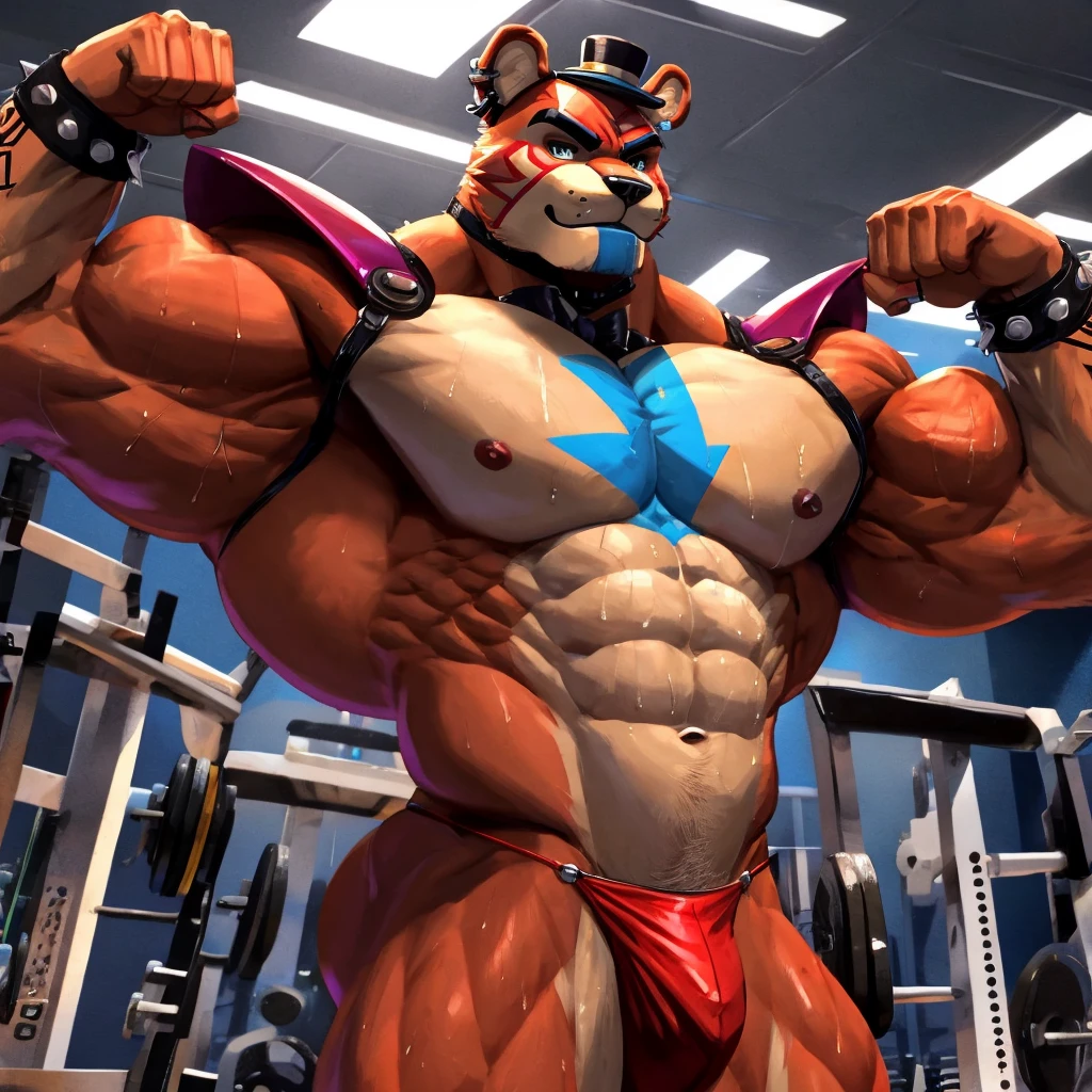 Glamrock overly muscular adult Freddy wears a red thong and shoulder pads of the same color sweaty in the GYM flexing his muscles with a sexy and flirtatious self-confident look