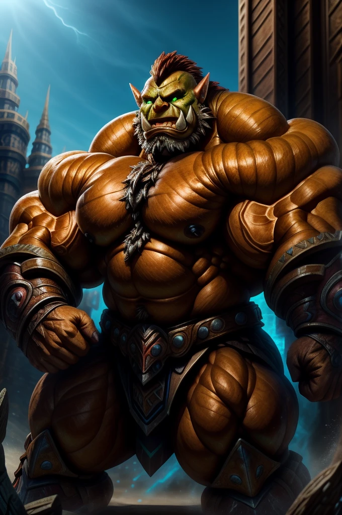 green hyper muscular orc warrior wearing battle armor, bara chest, aggressively flexing, most muscular pose, detailed skin, skin blemishes, lighting should be warm and inviting, casting a soft glow and highlighting the rich colors of his flesh, background cinematic Hollywood movie style, light depth of field, vignette, highly detailed, high budget
