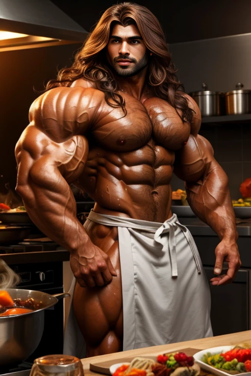 1 sexy brown guy with semi long wavy hair that covers half of his face with a lot of body hair, He is super strong with a lot of muscle.., completely naked, play chef, developer, sexy, sweaty body.
