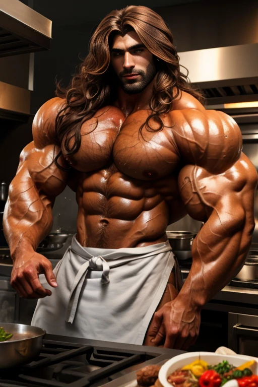 1 sexy brown guy with semi long wavy hair that covers half of his face with a lot of body hair, He is super strong with a lot of muscle.., completely naked, play chef, developer, sexy, sweaty body.