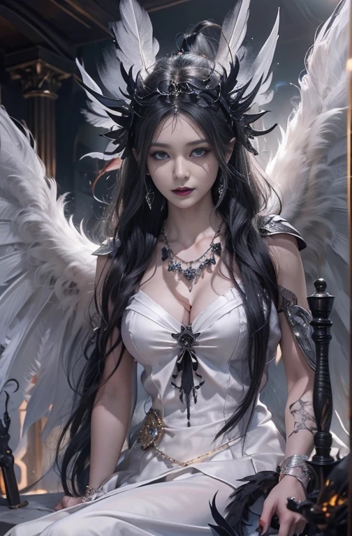 (masterpiece:1.3), (8K, Realistic, RAW Photos, Best image quality: 1.4), (Highest quality、masterpiece、Ultra-high resolution、(Realistic:1.8))、Beautiful standing posture、(((Fair-skinned Goddess、Goddess Athens、Super-level demon、The Goddess Fallen to the Devil、Silver Hair)))、(((Huge jet black devil wings on the latissimus dorsi、Huge black feather、The black feathers that everyone fears)))、Cleavage:2.0、Highly detailed face、Attention to detail、double eyelid、Well-formed face、Sharp focus:1.2、Beautiful woman:1.8、 Highly detailed and professionally lit smiles, ((Gothic Costume、black goth fashion、Gorgeous Dress))、 (((Gorgeous Necklace))) , One person、（both hands, Perfect Fingers、Beautiful fingers）、Golden Staff