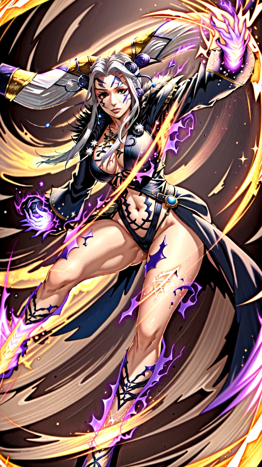 masterpiece, hyperrealistic, best quality, full body image, combat stance, floating, ominous aura (ultimecia from ffviii), horns, facial markings, white hair, time sorceress ultimecia's dress, purple magical energy around her