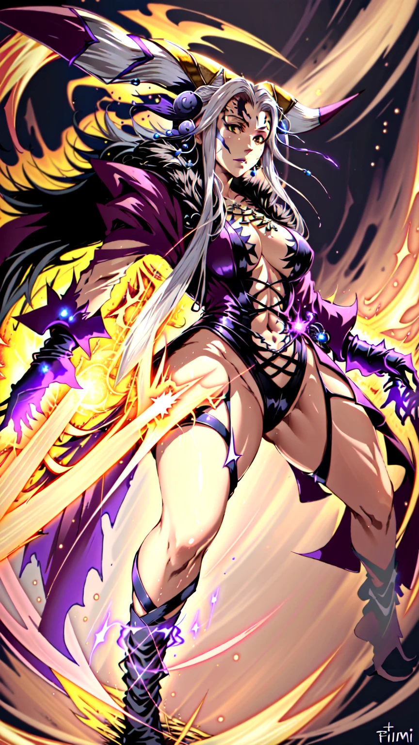 masterpiece, hyperrealistic, best quality, full body image, combat stance, floating, ominous aura (ultimecia from ffviii), horns, facial markings, white hair, time sorceress ultimecia's dress, purple magical energy around her