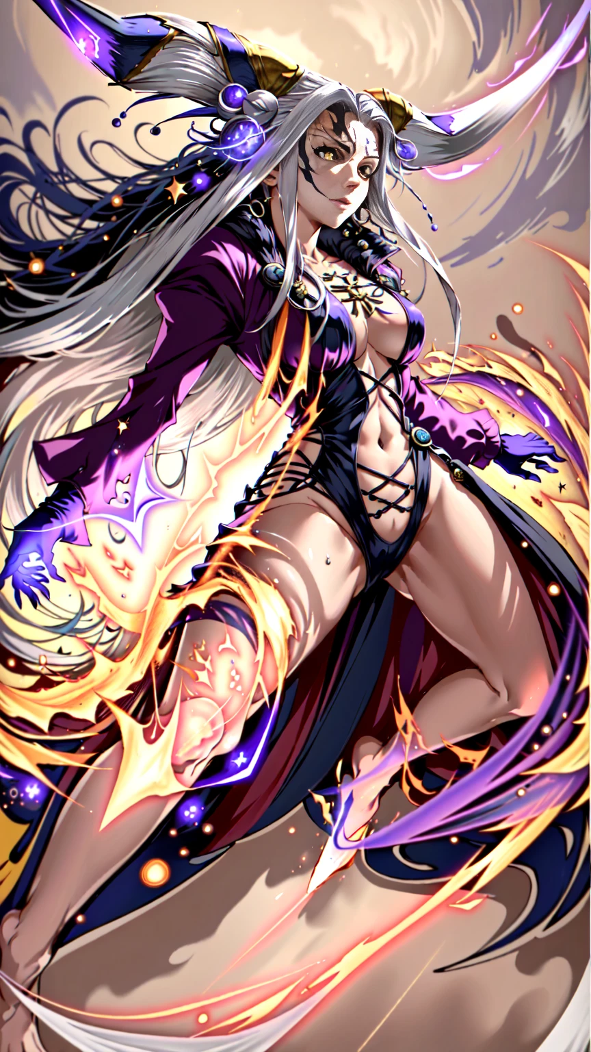 masterpiece, hyperrealistic, best quality, full body image, combat stance, floating, ominous aura (ultimecia from ffviii), horns, facial markings, white hair, time sorceress ultimecia's dress, purple magical energy around her