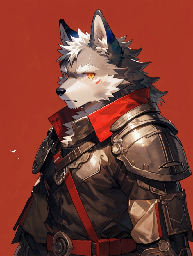 by pgm300,by fuguri,by kiyosan,by milkytiger1145, furry,kemono,anthro, bust portrait, (red background:1.25),black background, abstract background, male,solo, wolf,wolf ears,wolf tail, grey fur,yellow eyes, looking at viewer, light frown, armor black,plate armor,