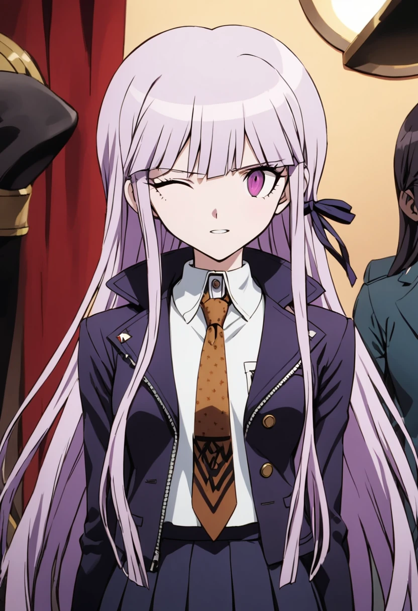 ((masterpiece,High resolution,Highest quality,8K,Detailed faces and anatomy))
(****************,Danganronpa,Kyouko Kirigiri,Purple Hair,Long Hair,Side braiding,Purple eyes,slender)(Black Ribbon,Black gloves,White collared shirt,Purple open jacket,Black pleated skirt,Brown tie,Printed necktie)Grin,Close one eye