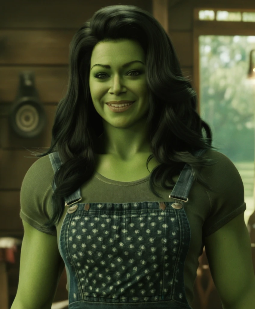 large green skin, A full-body depiction of a ohwx woman with short curly cornrows hair, an alluring ((dungaree dress:1.9)), a meticulously designed outfit,  a mesmerizing smile, looking at the viewer, 4k, ultra high resolution. 