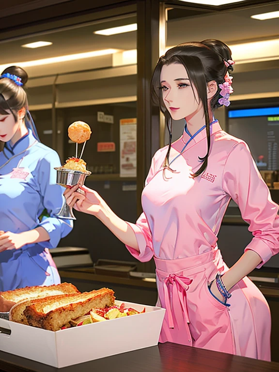 Masterpiece, Best quality, Photorealistic, Ultra-detailed, fine detail, high resolution, 8K wallpaper, score_9, score_8_up, score_8, score_7_up, score_7, score_6_up, score_6, score_5_up, Score_5, rating_questionable, picture of two beautiful girls, medium breasts, slender, fast food workers, behind counter, serving customers, in fast food restaurant, pink and blue fast food uniform, Chinese ink artwork