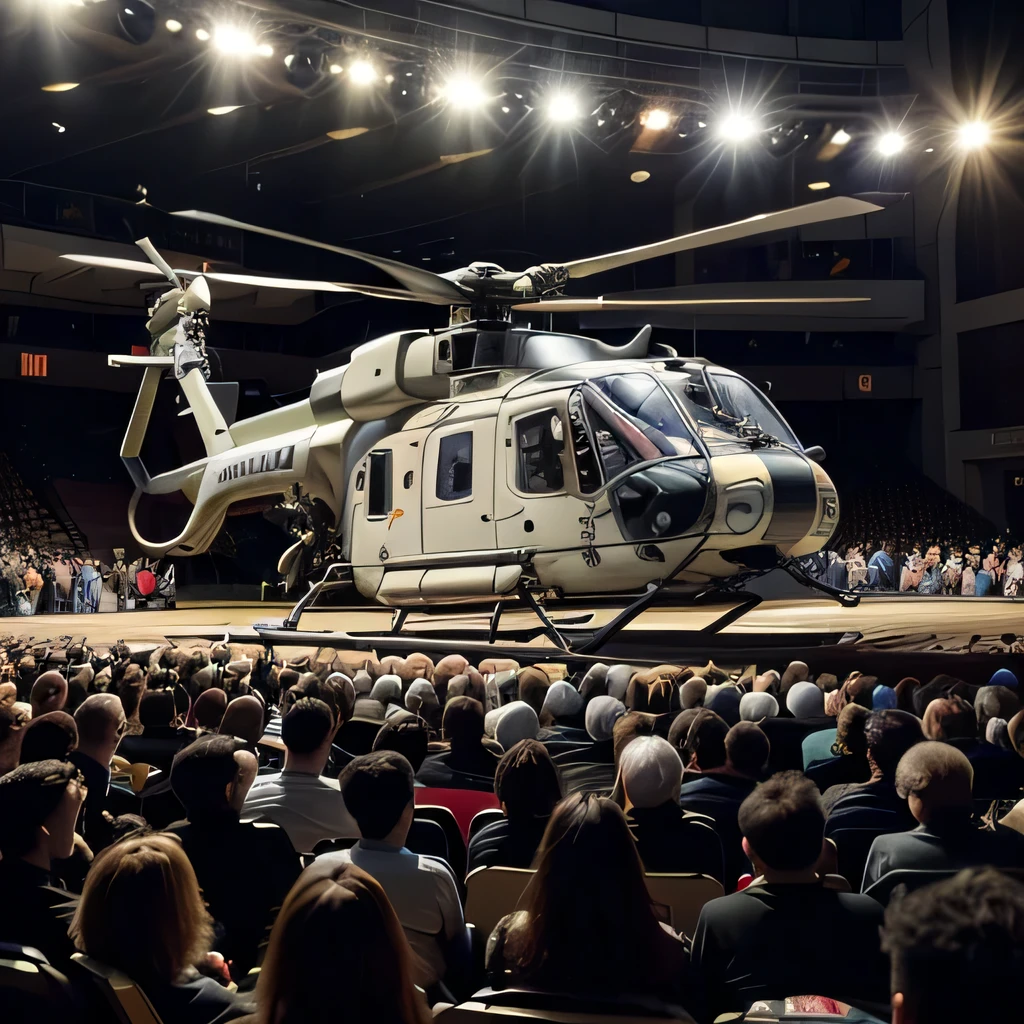 best quality, ultra-detailed, realistic, (transport helicopter, UH-60:1.3), (flying:1.3), (concert hall:1.3),