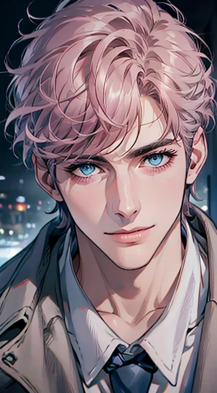 (Highest quality,4K,8K,High resolution,masterpiece:1.2),Super detailed,(Realistic,photoRealistic,photo-Realistic:1.37),1 person,31 years old,Mature Men,Beautiful skin、very handsome,Expressionless,smile,Short gray pink hair,blue eyes,Sharp Eyes,A perfect face without a doubt,Businessman,Office Background,Cinema Lighting,HDR image,tie、