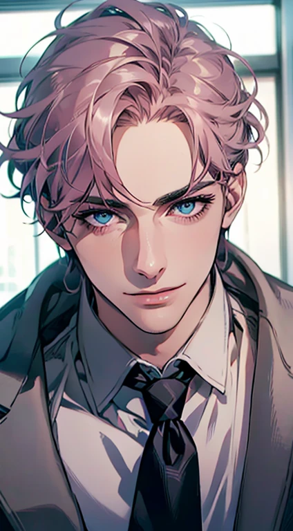 (Highest quality,4K,8K,High resolution,masterpiece:1.2),Super detailed,(Realistic,photoRealistic,photo-Realistic:1.37),1 person,31 years old,Mature Men,Beautiful skin、very handsome,Expressionless,smile,Short gray pink hair,blue eyes,Sharp Eyes,A perfect face without a doubt,Businessman,Office Background,Cinema Lighting,HDR image,tie、