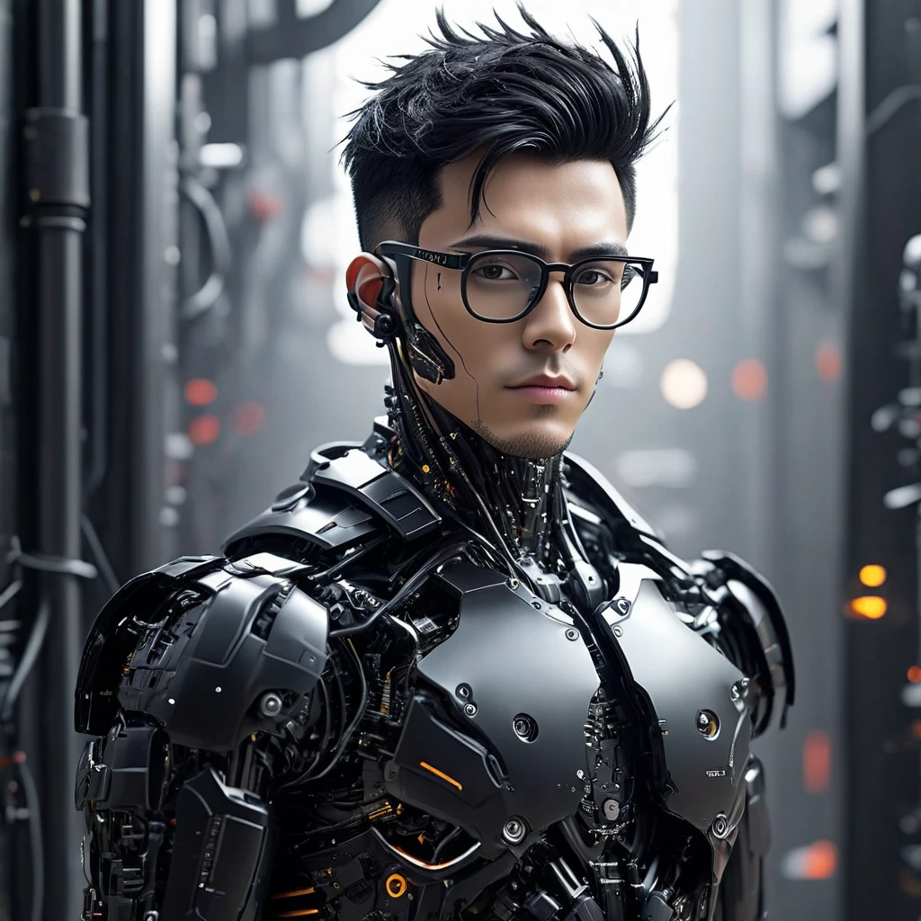 Male robot body hair with black-rimmed glasses with undercut hair, Look to the camera ::futuristic cyberpunk style ,realistic styling ::n_digital painting style, robotic parts, face perfect::seed 1、Black Edged Hair、large nose、Black-based clothing, photo by full body, White background