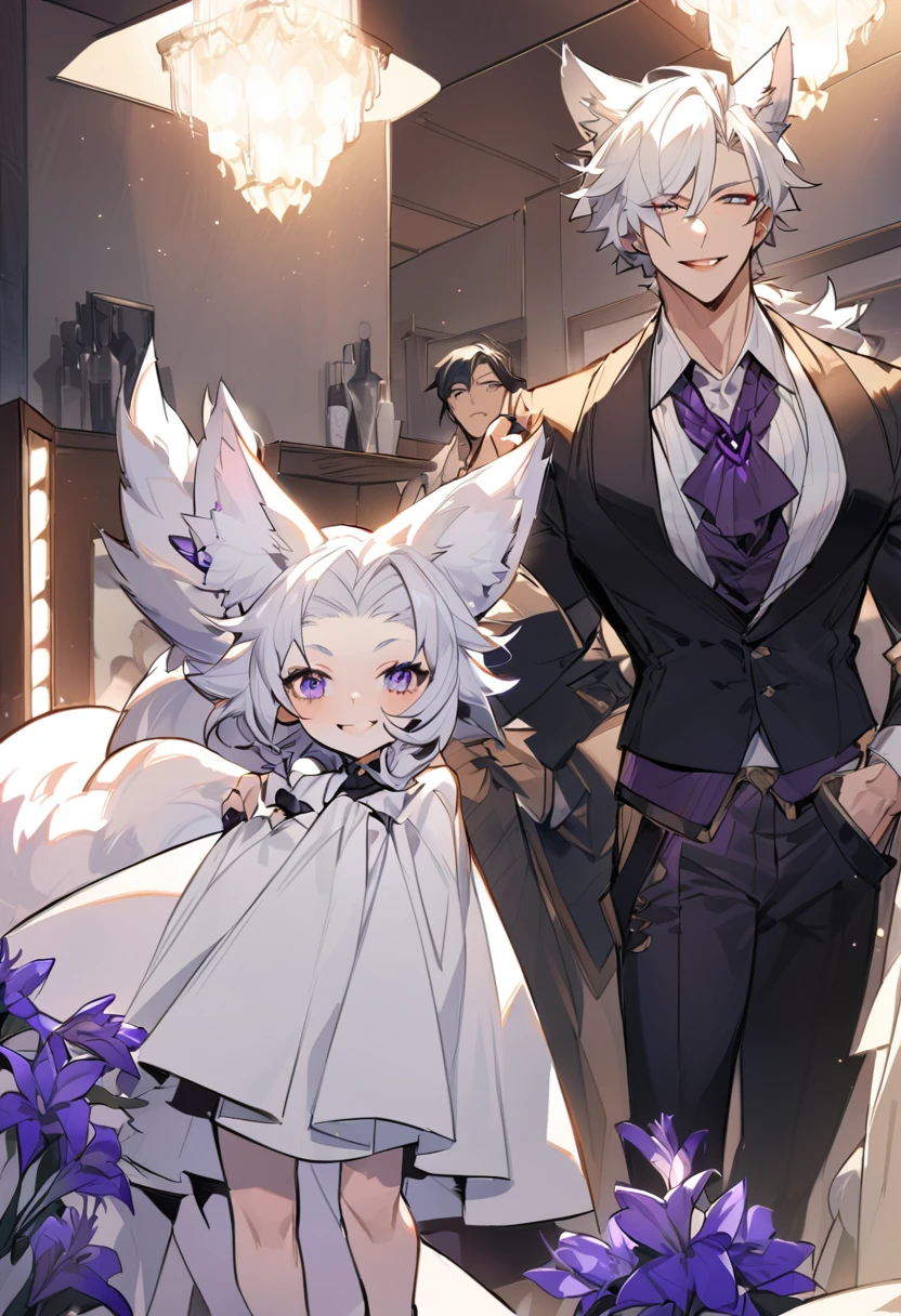 create panel in the art style of mo dao zu shi hybrid character with wolf ears,masculine and dominant gender, short wolfcut white hair , purple raven iris eyes,pale skin, wearing a fluffy white dress looking in a dressing room mirror alone with a cheerful smile