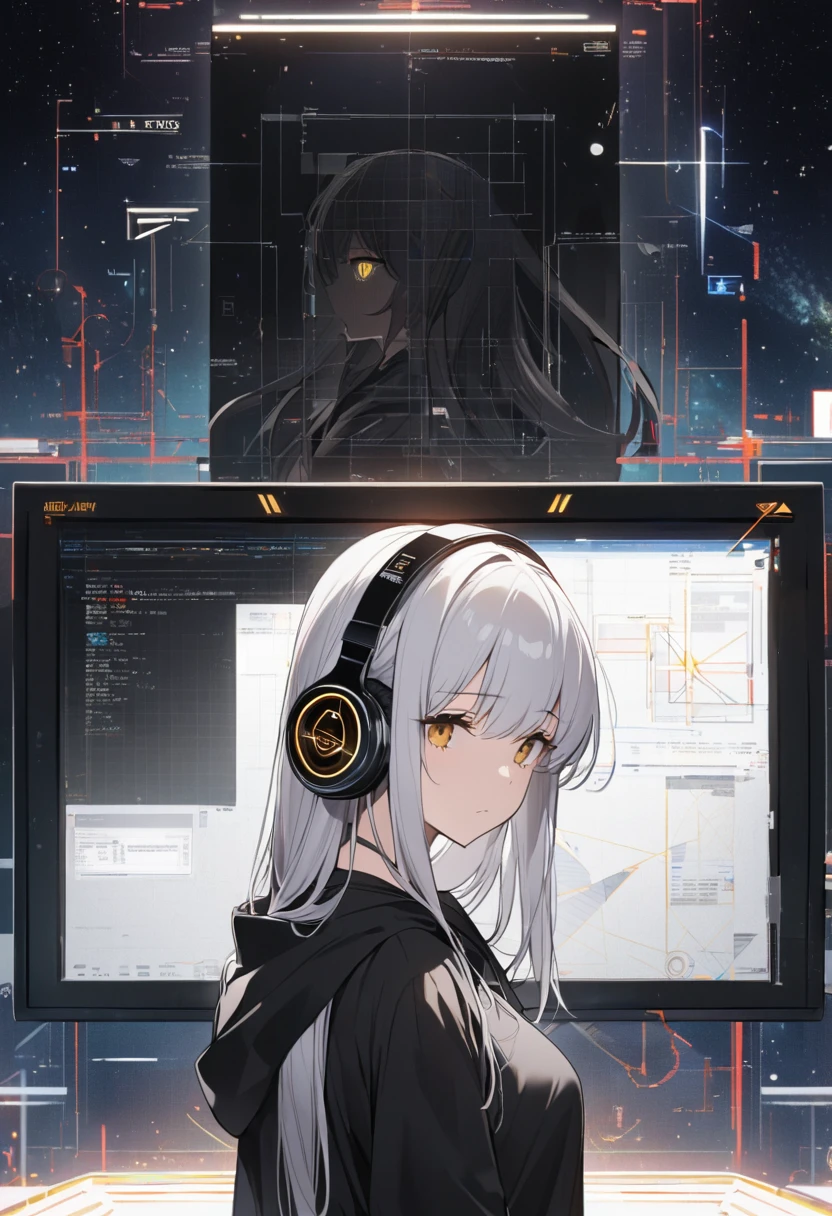 A woman operates a transparent touch panel monitor in the space in front of her face、Silver Hair、Semi-long hair、Wearing cool headphones,{{{{{{{{ Oversized black hoodie }}}}}}}},Beautiful and delicate golden eyes,thought,Black clothes, Detailed Background, Golden Ratio, High-definition writing, 