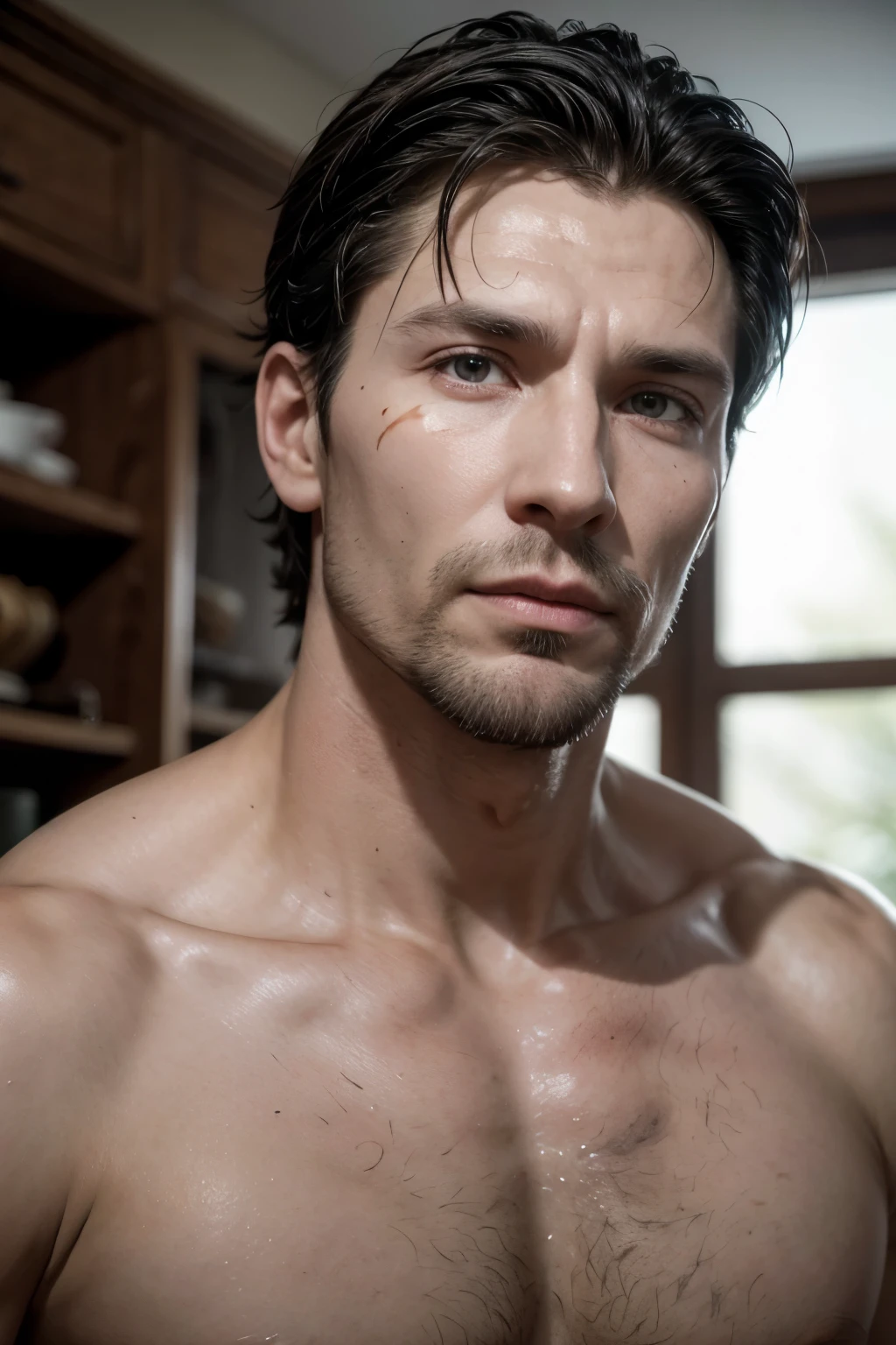 Alexei is about 35 years old, is tall and muscular, with many scars, including a scar on the mouth, I don&#39;t sing with two lips, diamond-shaped. He wears an old military coat, has white hair
