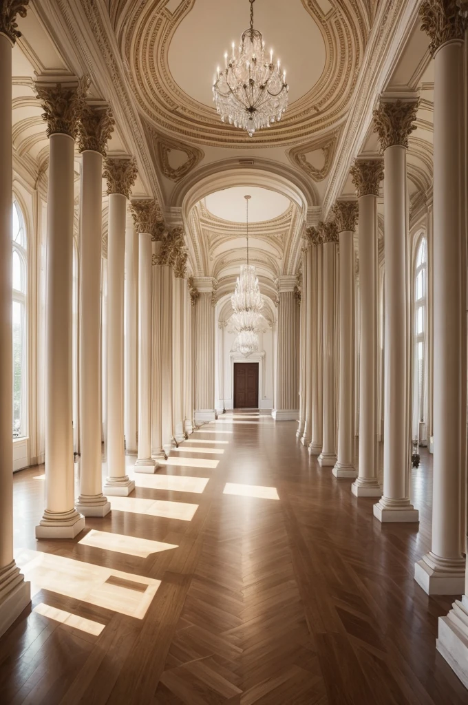 A large ballroom with very rich, beautiful columns and a huge space
