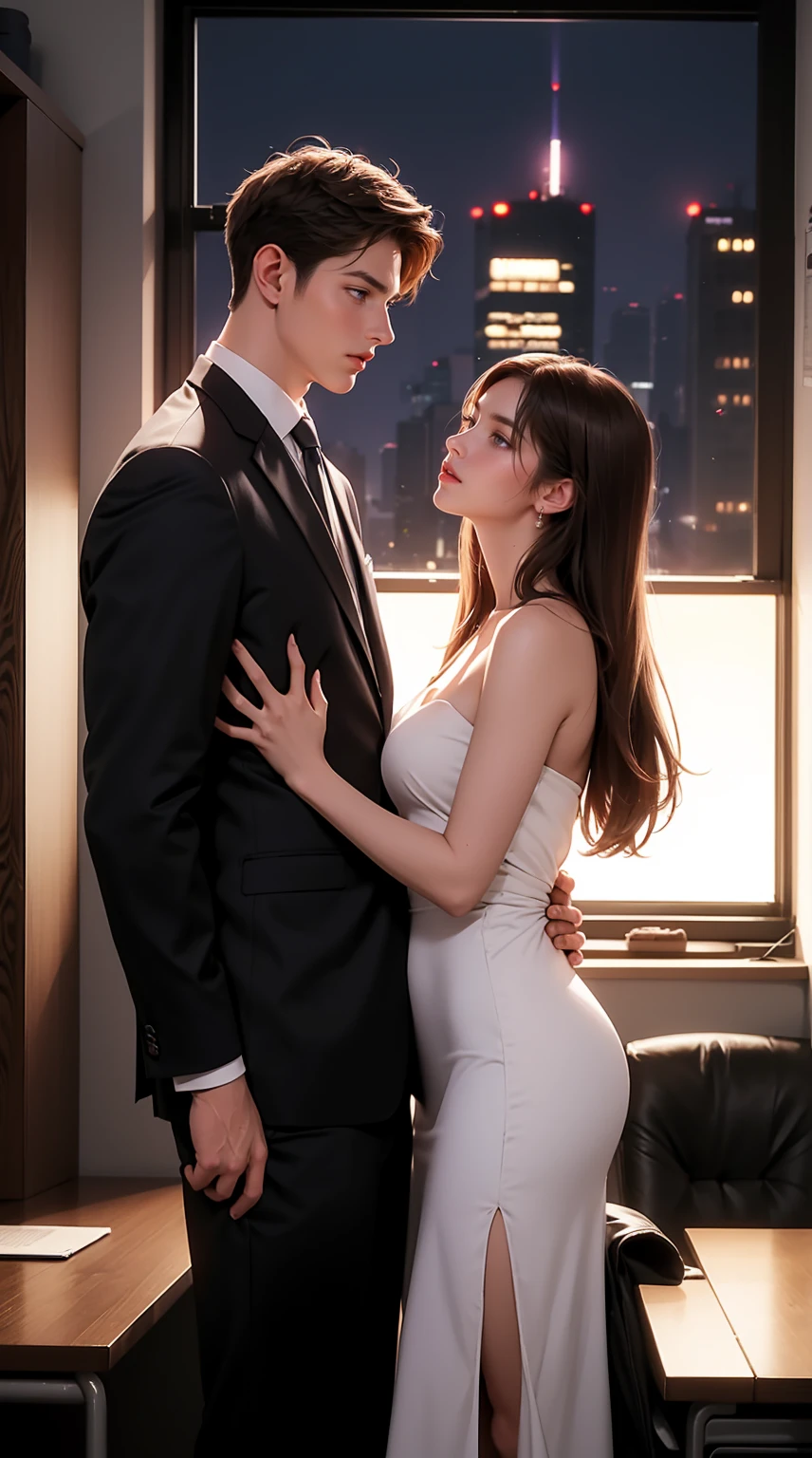 1 man,1woman, woman look Danielle, woman in long hair,brown hair,purple eyes, white dress, man in muslculair, suit, trained, man are taller than woman, background office room at night