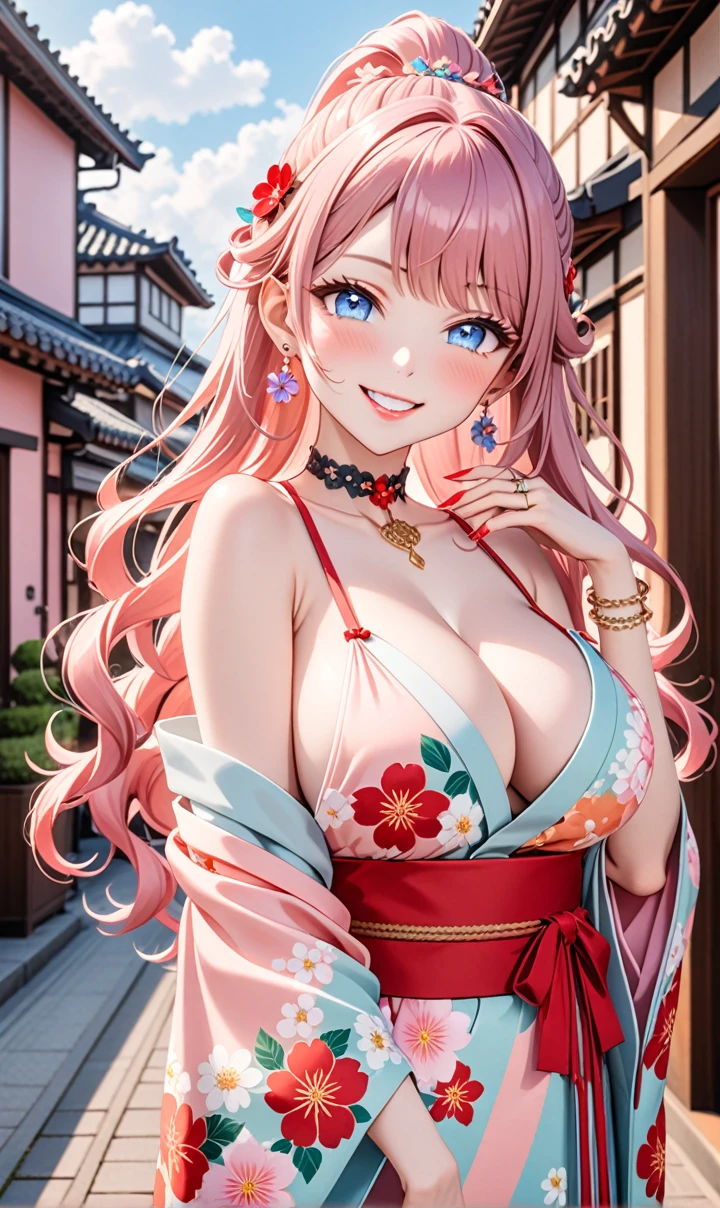 ultra-detailed, ((one girl)), (pale skin:1.4), in pastel colors gyaru, (heavy makeup), (professional lighting) hyper detailed, absurdres, 8K, Beautiful Face, (Laugh shyly), ((teasing smile:1.8)), ((Wink:1.7)), (Laugh with your mouth wide open),((Tilt your face:1.6)), View your viewers, ((Bright red cheeks:1.6)),Glossy Red Lips, ((Big Breasts:1.5)),  ((undressing:1.2)), noon, Festival venue in residential area , ((Anime style background)),masterpiece, Highest quality, so beautiful,Latest, Complex details, (Pink long nails), (nail art), (ring),(bracelet), (Floral Choker),AI-generated, Complex,High resolution, Highest quality, super high quality,3D Images、3D Images,One person,Pastel pink long hair,(High Ponytail), (wavy hair:1.3), Pastel anime woman posing for a photo, ((Fine grain、blue eyes、glowing eyes:1.4)), (Squint your eyes:1.1),a hyperRealistic , hyperRealistic , Realistic,Anime woman with long pastel pink hair, Smooth anime CG art, A girl in a gorgeous pastel-colored kimono, ((Pastel-colored furisode)),(Pink large floral pattern), (sideboob),  Long flower hair ornament,Floral Earrings, Mature Body, tall,Narrow waist,((from side)),