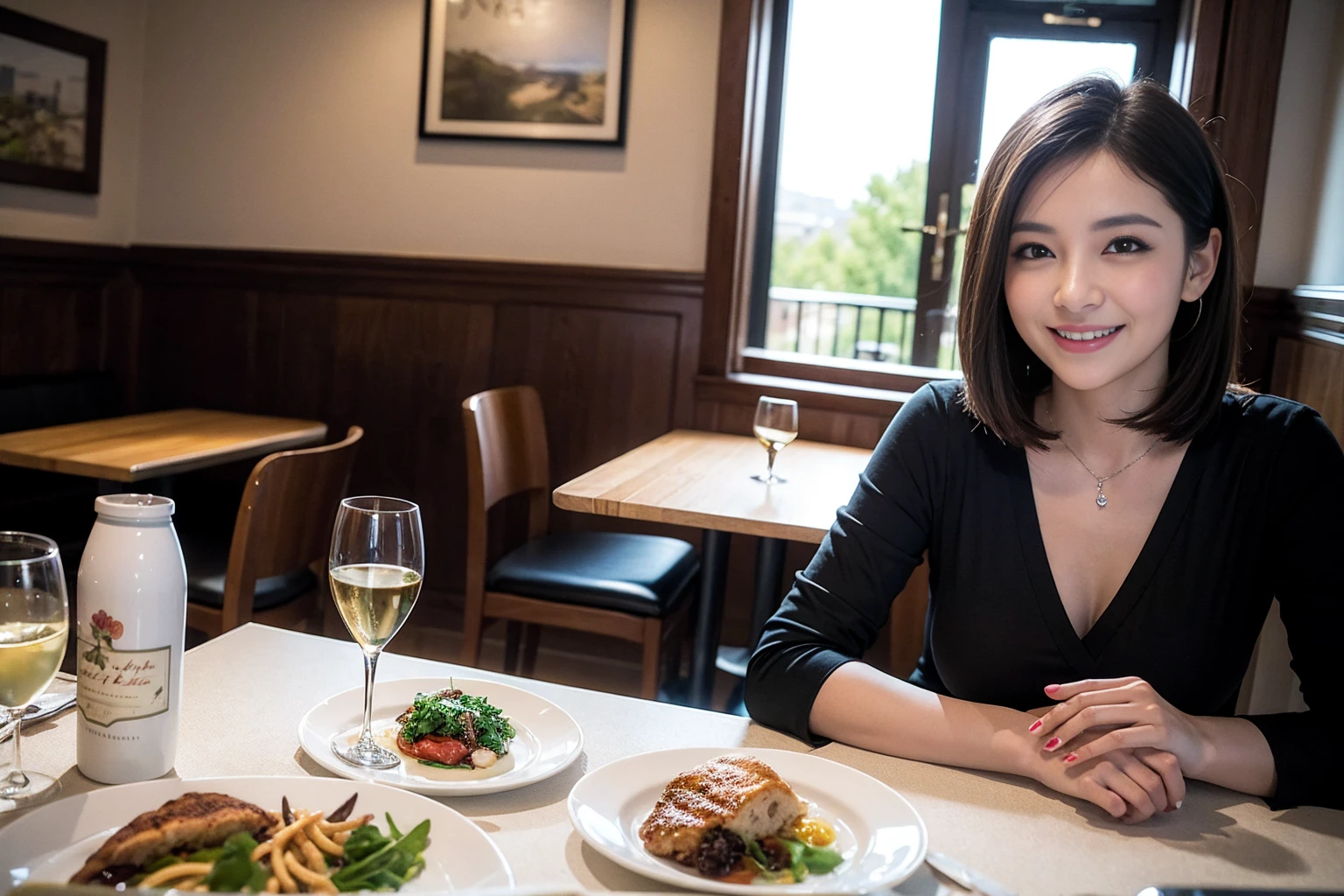 ((Highest quality、8K、masterpiece:1.3))、cute、slimカップル、modelカップル、actress男優、(Realistic, Intricate details:1.2), full-course dinner、Wine Party、Amazing view of the sunset sky and clouds、A bright smile、short hair,Bright Face、 (Age 45), 42 years old, red wine 、Appetizers、Italian food、Wine bottle、Champagne、sparkling wine、Two beauties、Brown Hair、Shortcuts、Long sleeve shirt、dress、Beautiful woman 1, (slimな顔), (The body is slim), (Brown Hair), (Shortcuts), cheeks turn a little red,Attractive beauty、restaurant, In a prominent place (From the waist up) Nova Frog Style, actress, model, Upper Body, White wine, slim, wine glass, 中央に置かれたwine glass, smile, (smile: 1.15), Beautiful fine grain, Depth f/2,saturation, High Contrast, Strong light and shadow,Moist Body:1.5、3D texture、Delicate eyes、Brown Hair、The hair is very shiny、