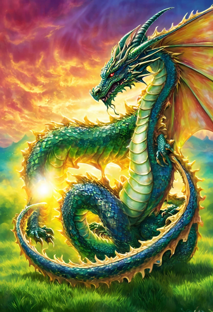 a breathtaking scene in a vast, open meadow, where the sun dips below the horizon, casting an ethereal golden light on the lush, green grass. In the center of this tranquil landscape, a vibrant tie-dye circle appears, its colors swirling and blending seamlessly into one another. Within this tie-dye circle, a majestic and ancient dragon rests, its black and silver scales shimmering like metal under the warm hues of the setting sun. This dieselpunk retro dragon, adorned with an exorcist-style aura, has eyes that emit an eerie, pure white light, giving it a mysterious and captivating presence. The dragon's powerful wings, with intricate patterns of gears and pistons, are spread wide, as its tail coils elegantly around a weathered, rusty exhaust pipe. The dragon's breath emits a thick, smoky diesel fume, creating a striking contrast against the serene and vibrant tie-dye backdrop, capturing the essence of both the retro-futuristic dieselpunk aesthetic and the mystical, spiritual allure of the exorcist-style dragon.