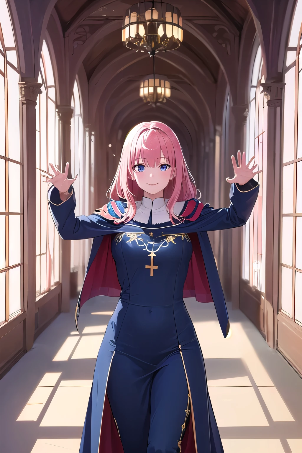 (8K, top-quality, masterpiece:1.2), (reallistic, Photorealsitic:1.37), Super Detail, One girl,), (Highly detailed), (beautifully detailed eyes), (of the highest quality), (super detailed ), (masterpiece), (Detailed face),20yr old, ,1 girl, ((pink hair,long hair)), medium breasts, clothed, Perfect Lighting, BREAK, (mystical sister:1.5), (glossy:1.3), (tight:1.3), (monastery fashion:1.4), (all-navy blue outfit:1.5), (long glossy and tight cape:1.3), (long slip dress:1.3), (embroidered blouse:1.2), (wide-leg pants:1.2), (mystical:1.2), (flowing silhouette:1.2), (embroidery details:1.1), (leather sandals:1.1), (cross necklace:1.1), BRAKE, (upper body and thighs:1.2), (mystical pose:1.3), (praying with hands:1.3), (smile:1.3), (long pink hair:1.2), (waves to the left:1.2), (soft lighting:1.2), (monastery corridor:1.2), (arch window:1.1), BRAKE