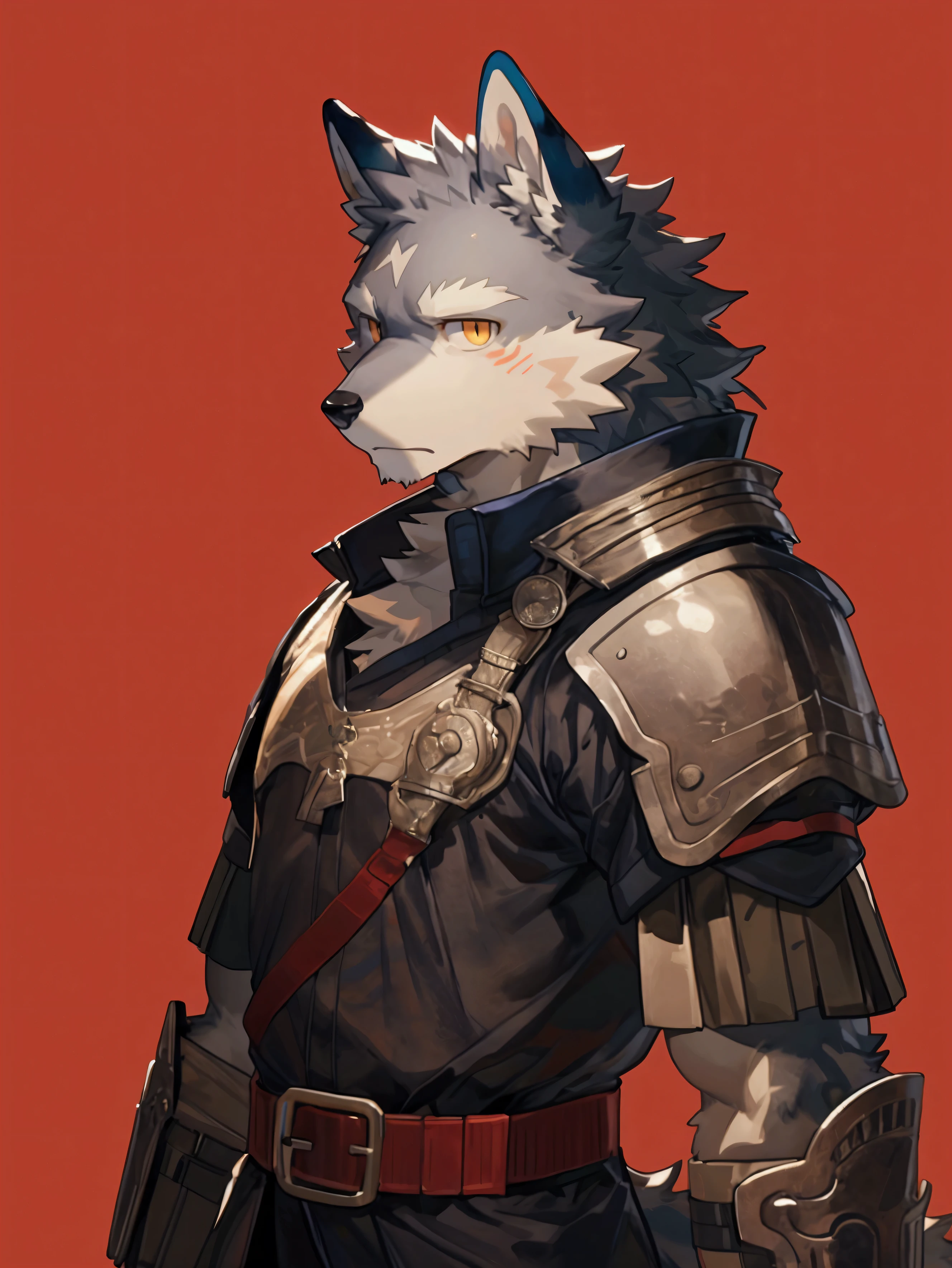 by pgm300,by fuguri,by kiyosan,by milkytiger1145, furry,kemono,anthro, bust portrait, (red background:1.25),black background, abstract background, male,solo, wolf,wolf ears,wolf tail, grey fur,yellow eyes, looking at viewer, light frown, armor black,plate armor,