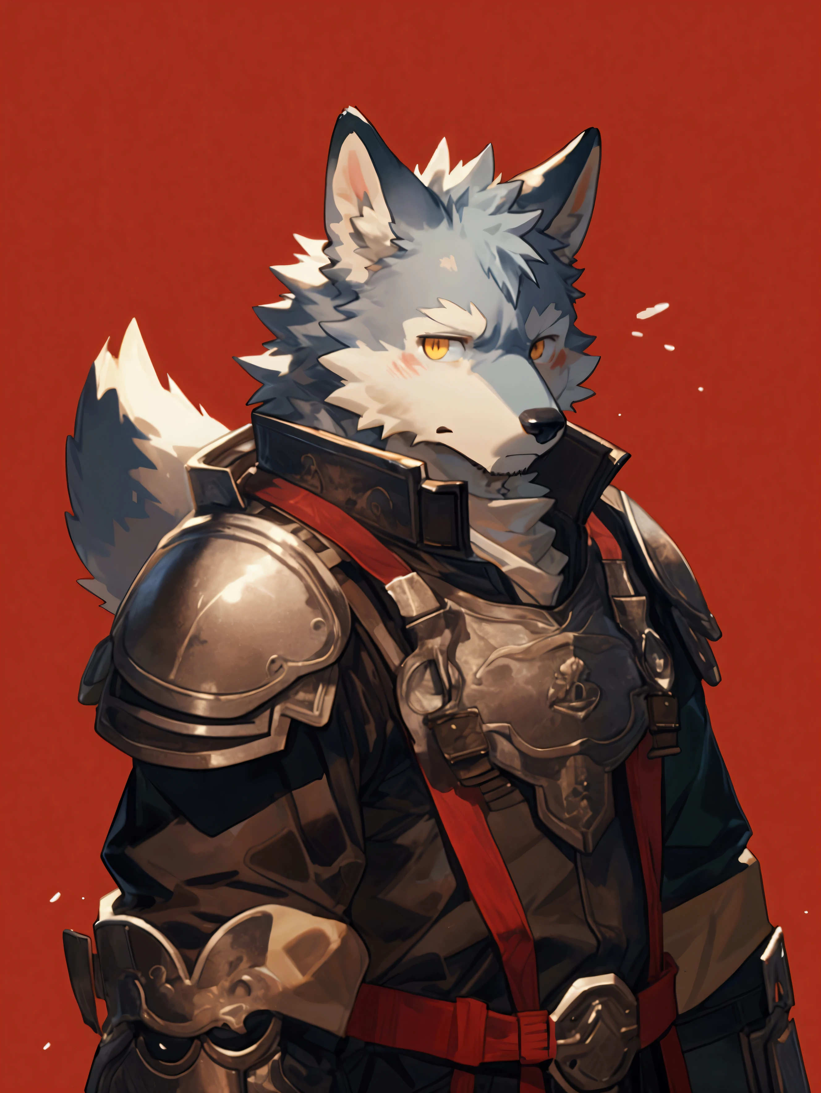by pgm300,by fuguri,by kiyosan,by milkytiger1145, furry,kemono,anthro, bust portrait, (red background:1.25),black background, abstract background, male,solo, wolf,wolf ears,wolf tail, grey fur,yellow eyes, looking at viewer, light frown, armor black,plate armor,