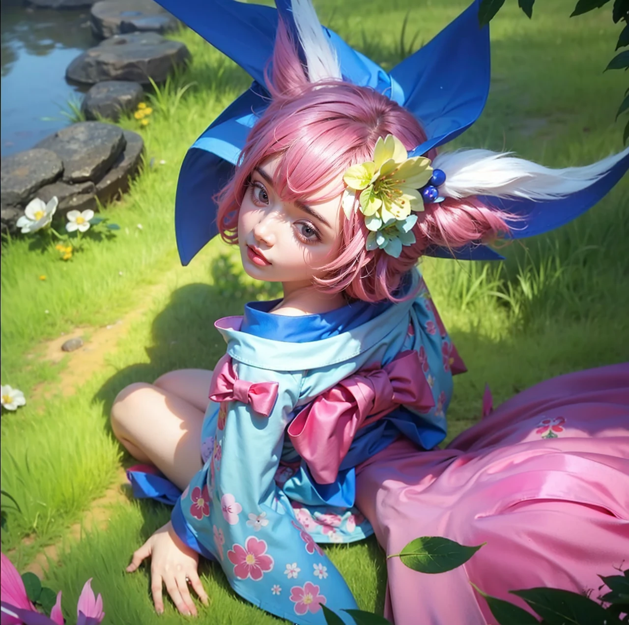 Light pink hair, pink eyes, pink and white, sakura leafs, vivid colors, white dress, paint splash, simple background, ray tracing, wavy hair