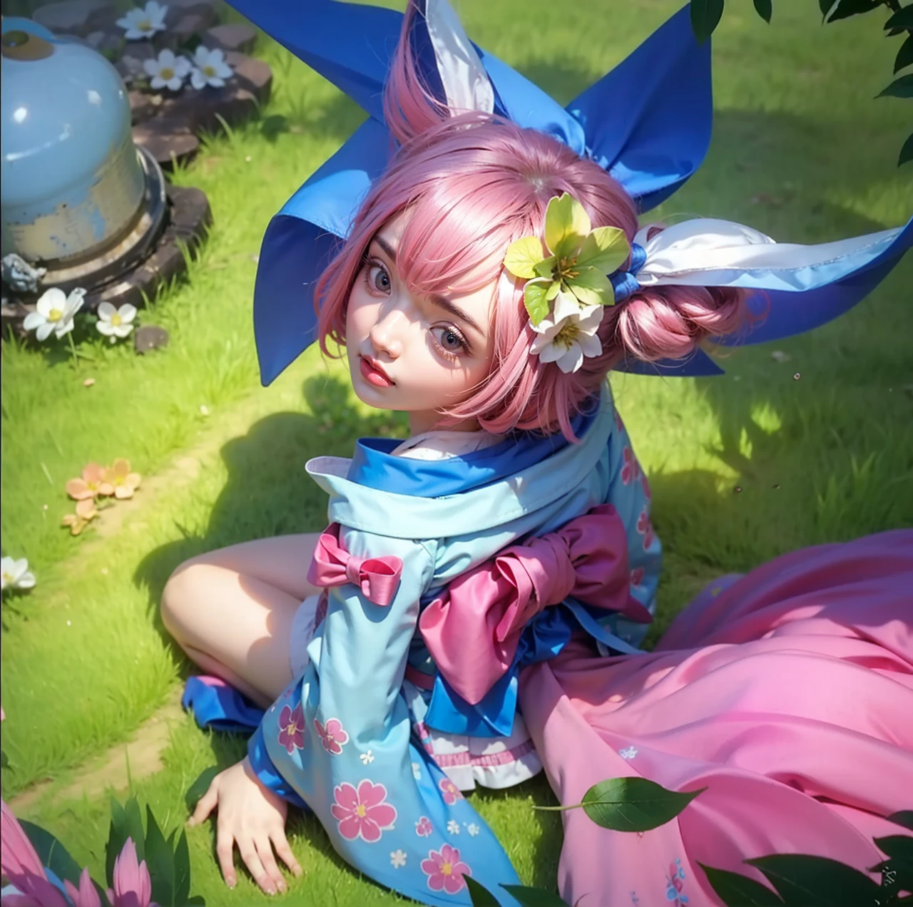 Light pink hair, pink eyes, pink and white, sakura leafs, vivid colors, white dress, paint splash, simple background, ray tracing, wavy hair