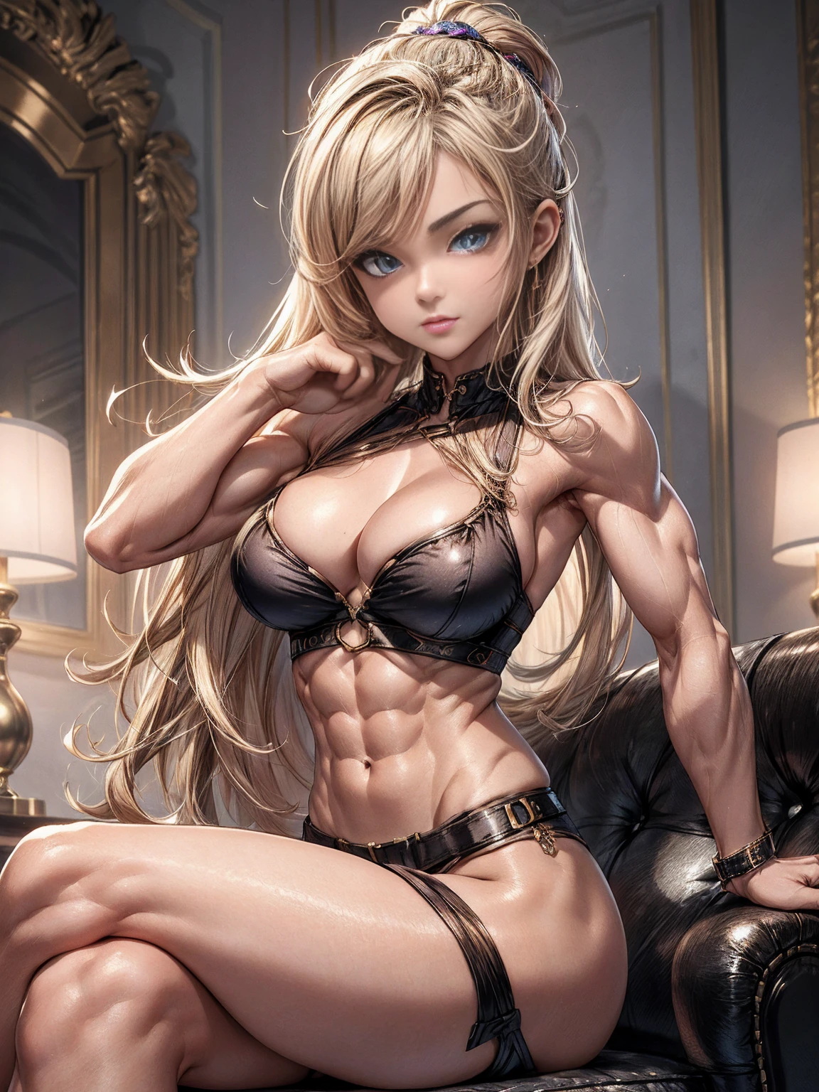 Livvy Dunne, Cute, gorgeous, Caucasian girl, fit, (muscular:1.4), 18, (flexing biceps:1.5), abs, slender, slim, long flowing blonde hair, blue eyes, glamorous, seductive, stunning, flawless, perfect, beautiful, cute, pretty, makeup, flirtatious smile, full body, (dressed in short shorts and underboob crop top), masterpiece, 8k, highly detailed, sexy, photographed on a Leica 10772 M-P, 50mm lens, F/2.8, HDR, ultra-quality, sharpness, depth of field, crystal clear, frame center, beautiful face, sharp focus, detailed skin pores, tiny waist, colorful, hyper-detail, dramatic light, intricate detail, photograph by arny freytag, sitting on couch, feminine hands, (flexing bicep pose), sexy, busty, cleavage