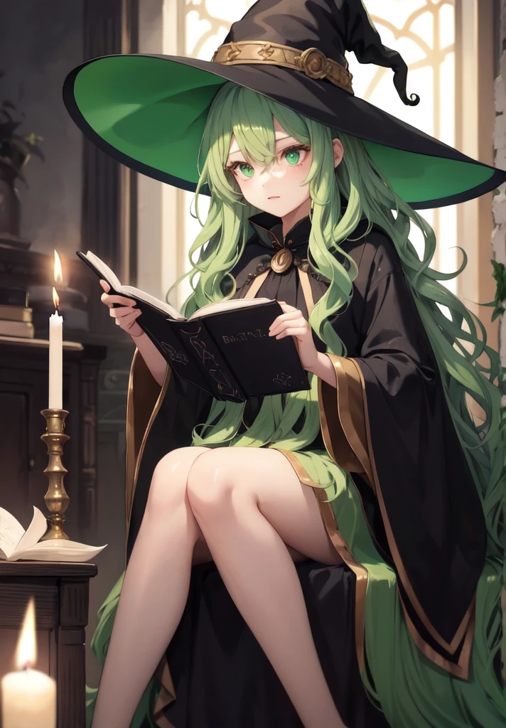 original character , beautiful girl with green wavy hair , witch hat , sitting in a dimley lit room , candles , casting a spell , sitting on the floor , dark room , reading a spell book, looking away , shallow depth of field , rendered , stunning details