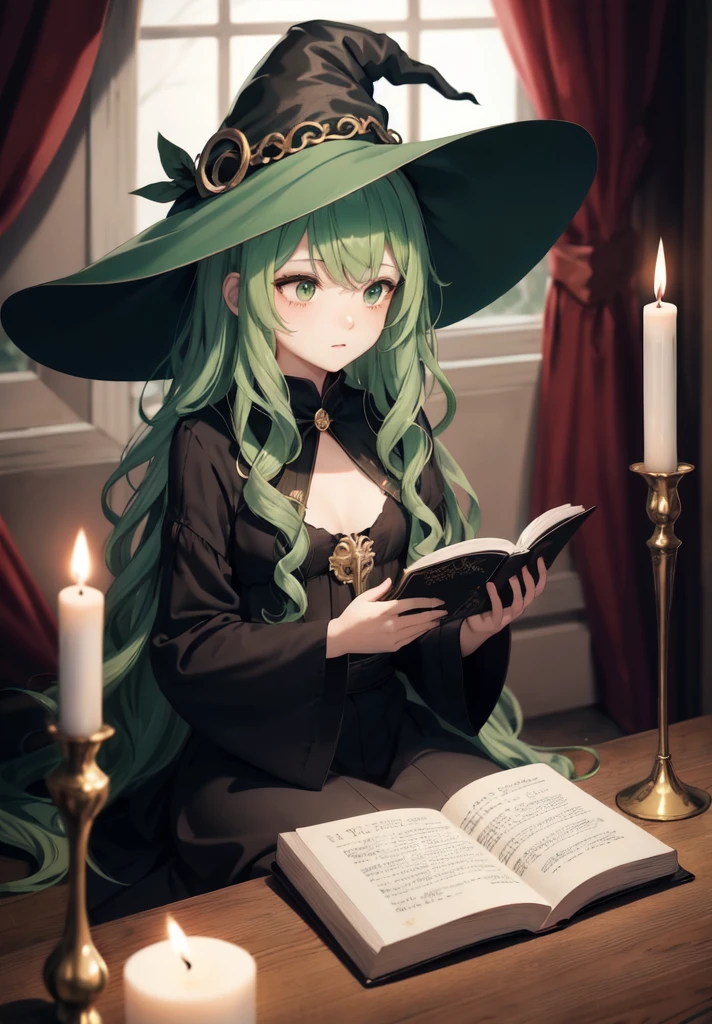 original character , beautiful girl with green wavy hair , witch hat , sitting in a dimley lit room , candles , casting a spell , sitting on the floor , dark room , reading a spell book, looking away , shallow depth of field , rendered , stunning details