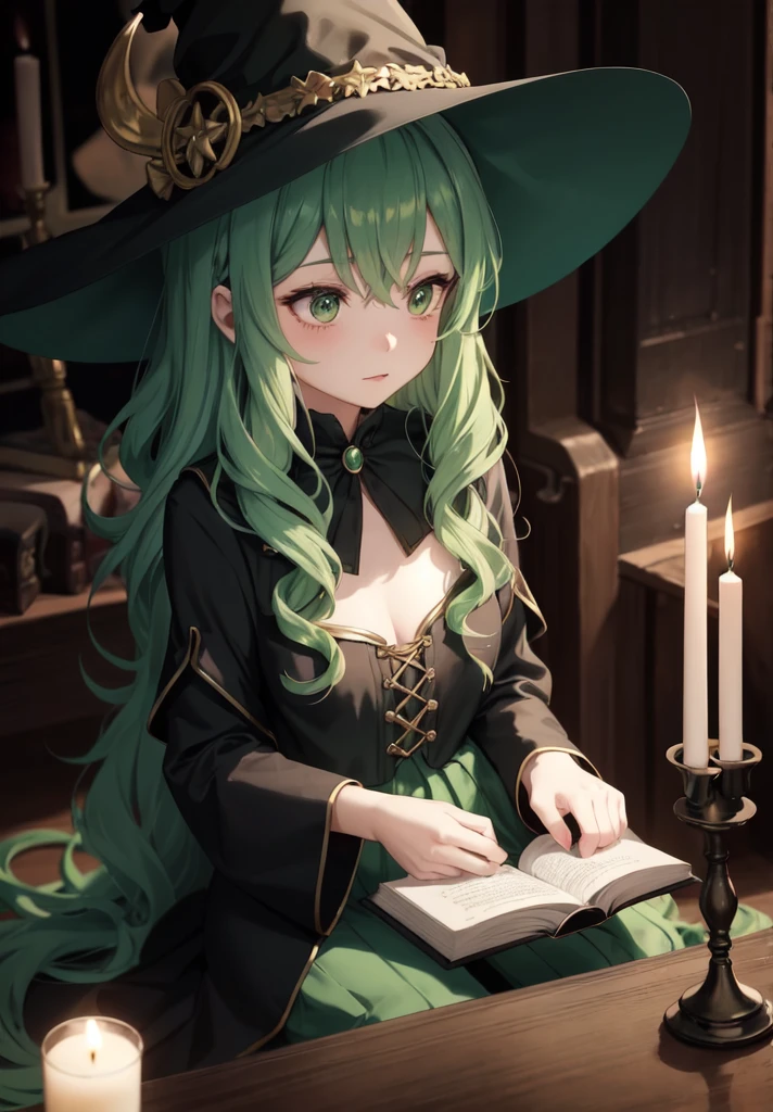 original character , beautiful girl with green wavy hair , witch hat , sitting in a dimley lit room , candles , casting a spell , sitting on the floor , dark room , reading a spell book, looking away , shallow depth of field , rendered , stunning details