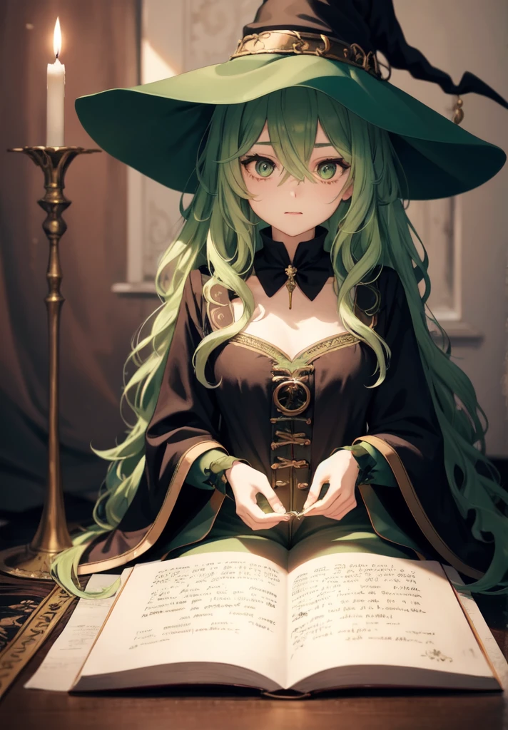 original character , beautiful girl with green wavy hair , witch hat , sitting in a dimley lit room , candles , casting a spell , sitting on the floor , dark room , reading a spell book, looking away , shallow depth of field , rendered , stunning details