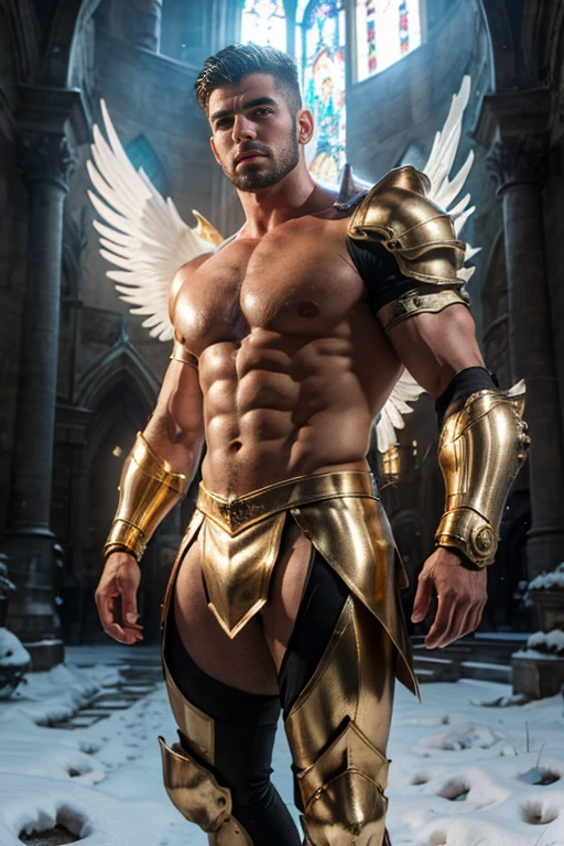 ultra high res, best quality, photo, 4k, (photorealistic:1.4), cinematic lighting, a male angel with large translucent wings,muscular man, abdominal muscle, wearing medieval gold armor, detailed feathers, cyberpunk environment, snow and  environment in the background, cathedral of , portal of the future, volumetric light, HD, magic, god light, backlighting, detailed face, contrapposto,