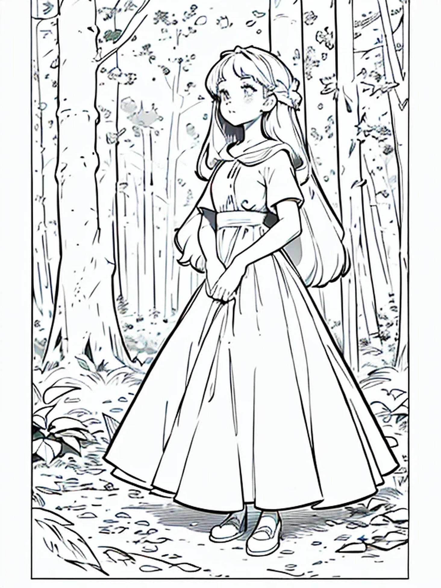 a coloring book page, a cute girl in the forest with a big dress, black and white, simple and minimal, perfect shapes, only lineart, no gray or shades