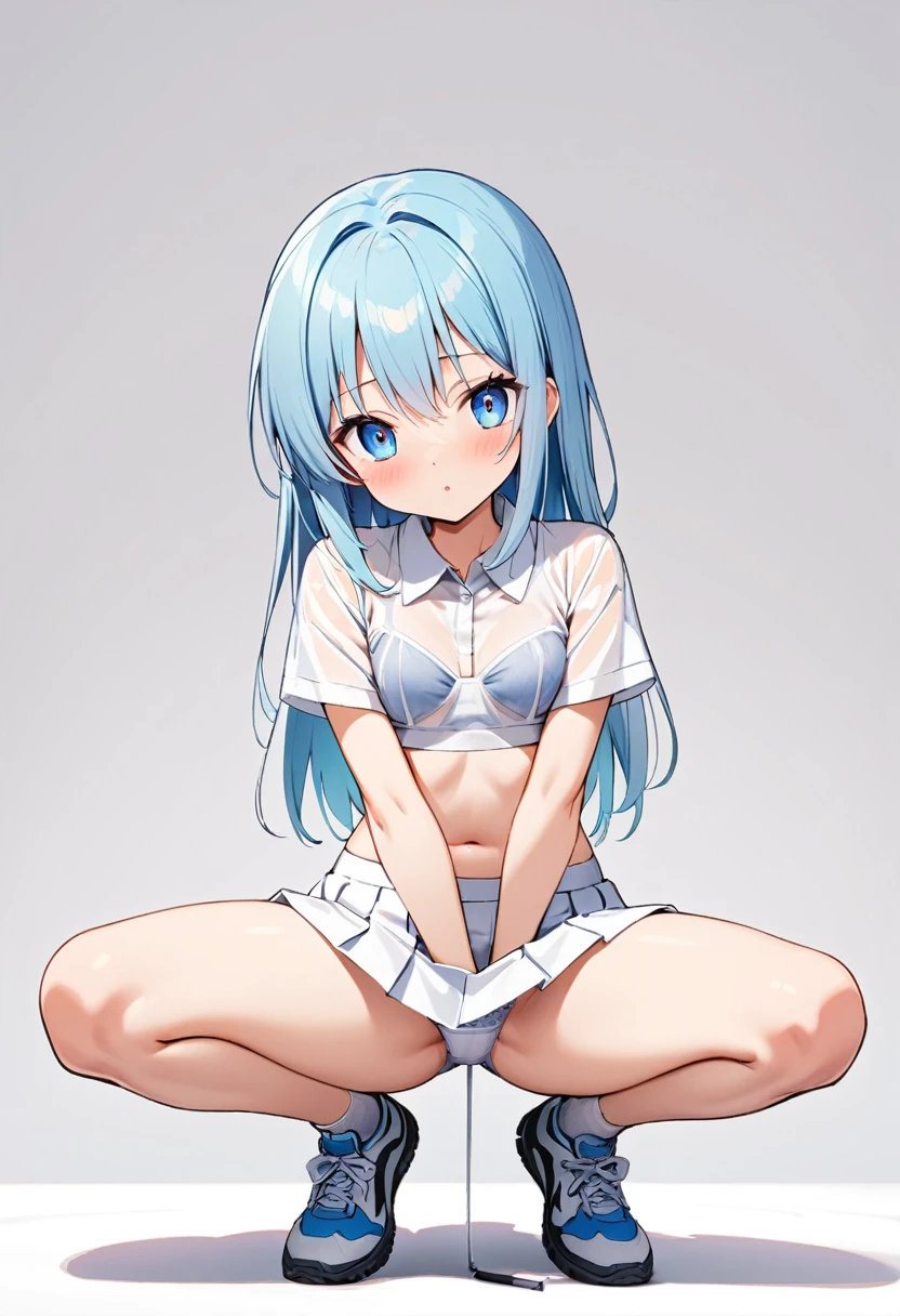 16k works,Highest quality,18-year-old,No background.White background only,whole body,sexy, One person, Beautiful Face,, Symmetrical eyes, Perfect body, Good balance、 Perfect body、White polo shirt、White pleated mini skirt、Perfect white panties,Clothes that are see-through with 汗),tennis racket1Book、正しく描かれたtennis racket、squat, Spread your legs、bra