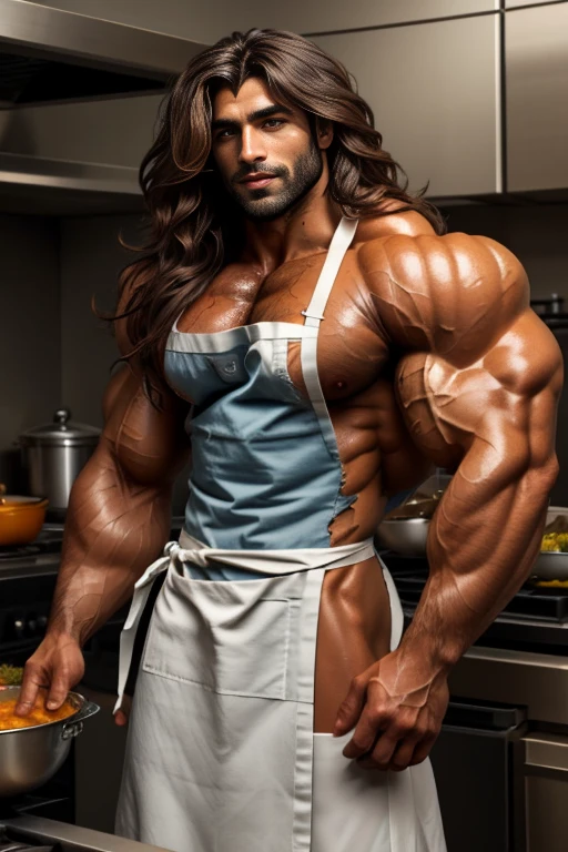 1 sexy brown guy with semi long wavy hair that covers half of his face with a lot of body hair, He is super strong with a lot of muscle.., completely naked, play chef, He wears a tiny, very tight, torn apron., developer, sexy, sweaty body.