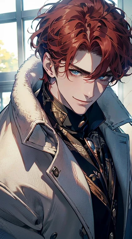 (best quality, masterpiece, 8K, photorealistic, cinematic lighting, 1:4 hdr image, ultra detailed, beautiful image), a mature man, 25 years very handsome, ((cold expression smile in love)), short red hair, blue eyes, face perfect without mistakes, ((buttoning his jacket, CEO)), smile.