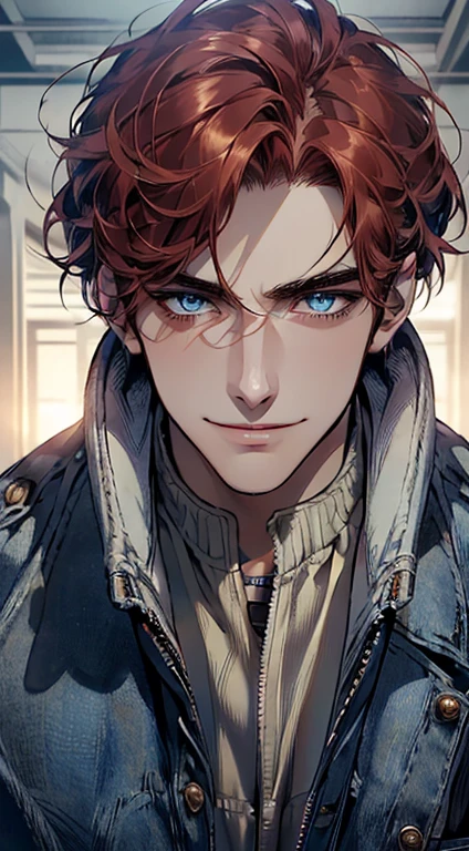 (best quality, masterpiece, 8K, photorealistic, cinematic lighting, 1:4 hdr image, ultra detailed, beautiful image), a mature man, 25 years very handsome, ((cold expression smile in love)), short red hair, blue eyes, face perfect without mistakes, ((buttoning his jacket, CEO)), smile.