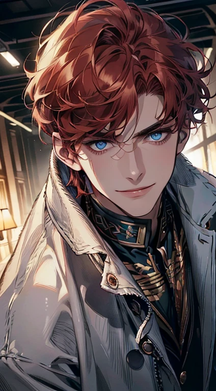 (best quality, masterpiece, 8K, photorealistic, cinematic lighting, 1:4 hdr image, ultra detailed, beautiful image), a mature man, 25 years very handsome, ((cold expression smile in love)), short red hair, blue eyes, face perfect without mistakes, ((buttoning his jacket, CEO)), smile.