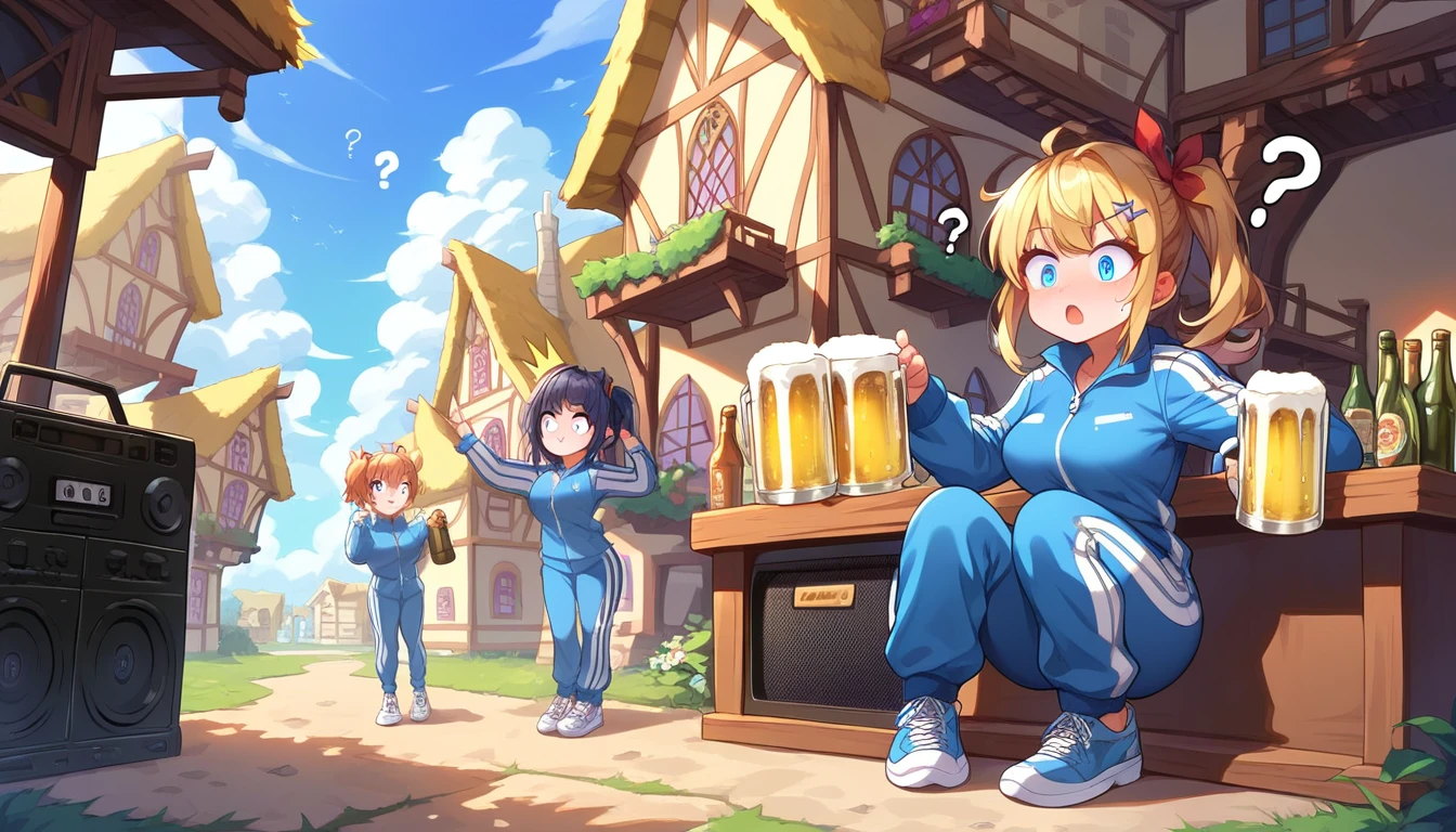 ((2girls:1.3)), ((tracksuit:1.3)), ((boombox:1.3)), ((fantasy town:1.3)), ((surprised giant dragon:1.3)), ((full body:1.3)), ((confused face:1.3)), ((question mark:1.3)), ((beer bottle:1.3)), ((drinking:1.3)), ((moe style:1.3)), ((perfect face)), ((extremely cute:1.3)), ((masterpiece:1.3)), ((8k)), ((best quality:1.3)), ((beautiful)), ((extremely detailed:1.3)) , ((absurdres)), AddXL, ((score_9:1.3)), ((score_8_up:1.3)), ((score_7_up:1.3)), Expressiveh