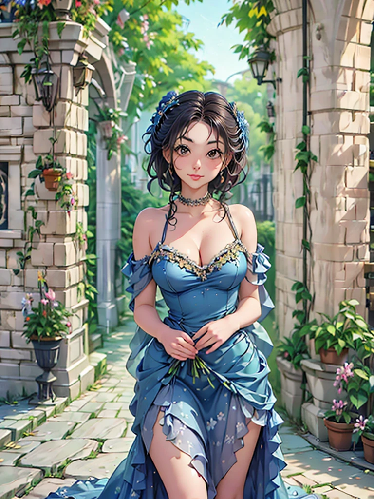 araffe woman in a floral dress standing in front of a brick wall, romantic dress, beautiful dress, wearing organza gown, lady with glowing flowers dress, wearing a long flowery dress, dressed beautiful gown, flower dress, magical dress, flowing dress, very beautiful style, fantasy dress, full dress, dress in the style of rococo, stunning dress